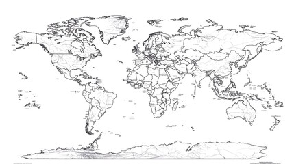 Obraz premium A minimalist black and white world map with countries outlined in fine lines