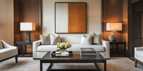 A modern living room featuring elegant furniture, soft color tones, and stylish decor elements, creating a cozy yet sophisticated atmosphere.