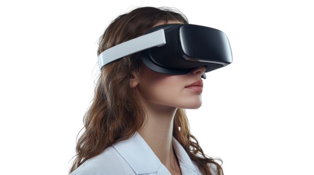Side view of a woman wearing a VR headset, engaged in immersive virtual reality experience, symbolizing modern technology and digital innovation.