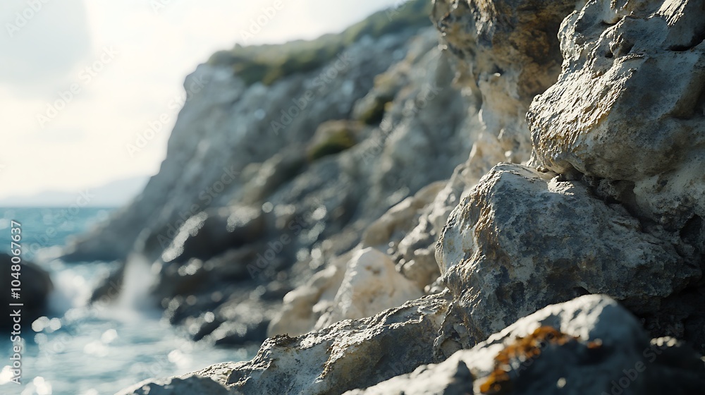 Poster a high-resolution close-up of a rugged coastline with towering cliffs