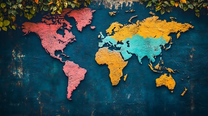 Globe view of the world map with continents outlined in bold colors
