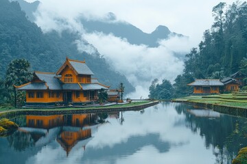 Fototapeta premium Traditional Wooden House Reflected in Still Pond Surrounded by Misty Mountains