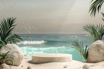 White marble podium on tropical beach with palm leaves and waves