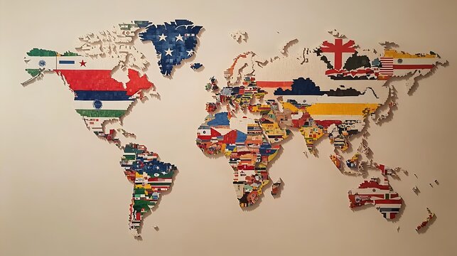 World map made from flags of different countries, each flag filling in its respective country