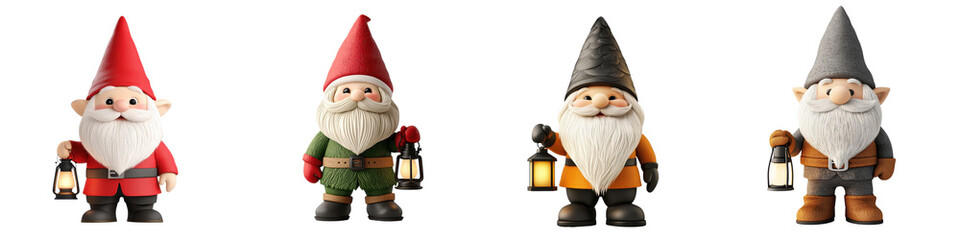 Naklejka premium Four colorful garden gnomes with lanterns on a white isolated background.