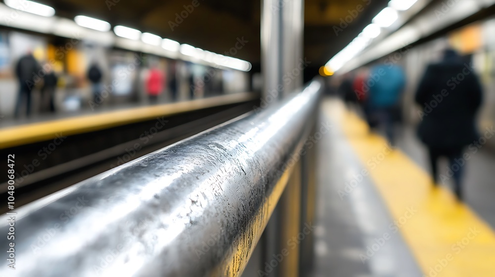 Poster a high-resolution close-up of a subway handrail, showing the metal texture and wear marks, while the