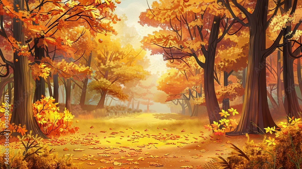 Poster a serene forest path unfolds, surrounded by towering trees adorned with bright autumn leaves, creati