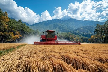 Obraz premium Red Combine Harvester Harvesting Rice in a Field Against a Mountainous Landscape
