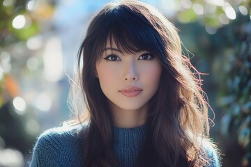 Naklejka premium 美しい女性が青いセーターを着て、自然の中で微笑んでいる瞬間を捉えた背景がぼやけた写真