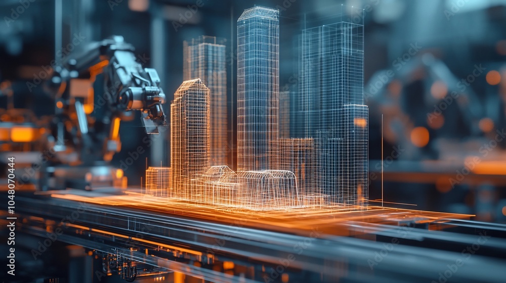 Poster a robotic arm in a factory setting is holding a digital model of a city.