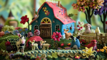 A whimsical stuffed toy farm with animals and barn bright colors