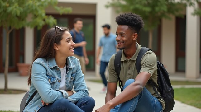Estudantes conversam animadamente, sentados no patio da escola, no intervado de aula.