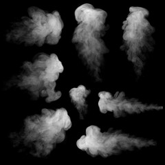 Isolated white fog or smoke effect on black background. White clouds. Fog or smoke background. Vapor. Illustration showing various textures and densities of smoke.