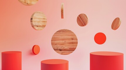 Abstract wooden shapes floating in front on minimalist pastel background creating an artistic and...