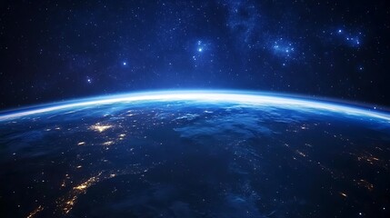 Obraz premium Night view of Earth from space with auroras glowing near the poles