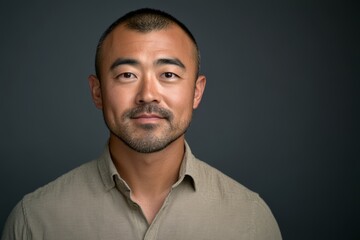 Obraz premium 現代的な服装をした男性のポートレート、シンプルな背景で自然な微笑みを浮かべる