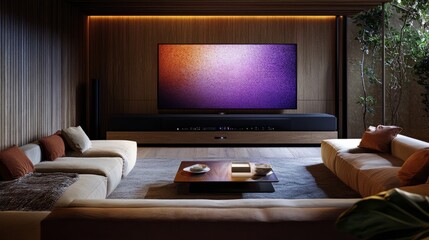Cozy entertainment nook with sectional seating, a large flat-screen, and a vibrant soundbar system, flooded with natural light.