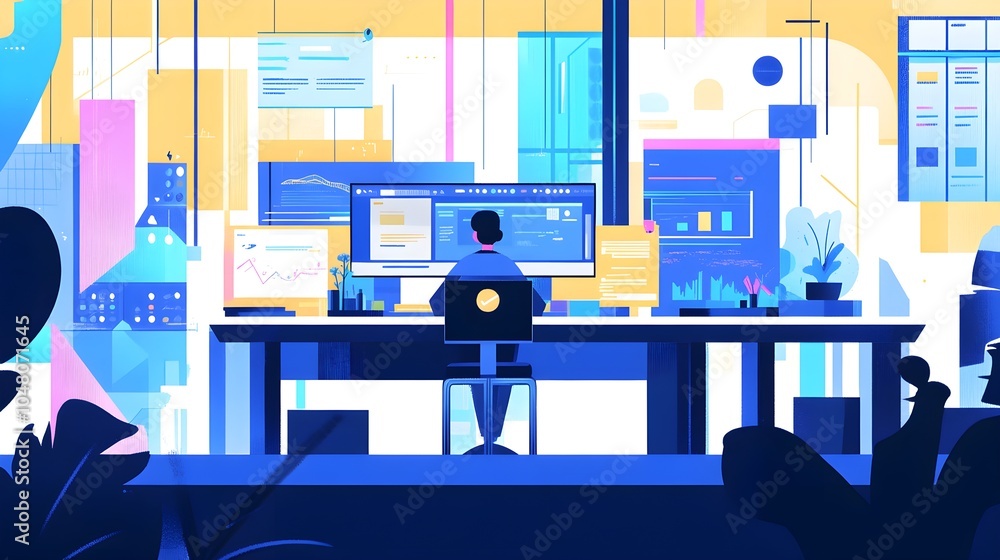 Poster businessperson working at desk with multiple monitors and data visualizations