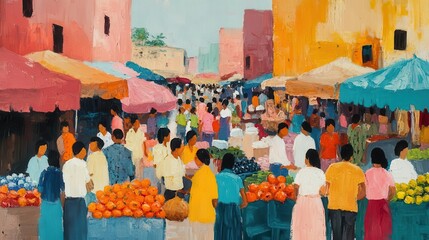 Naklejka premium A painting of a busy market scene, acrylic, vibrant colors and lively atmosphere, isolated on white background