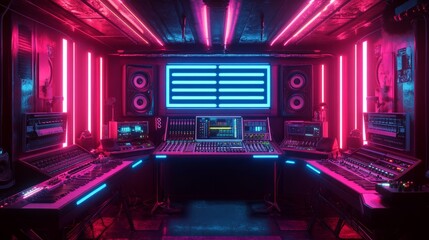 Obraz premium High-tech music studio with illuminated panels, audio consoles, and a microphone setup under colorful red and blue lights
