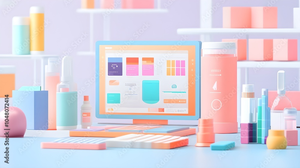 Poster modern minimalist desktop with products and design software