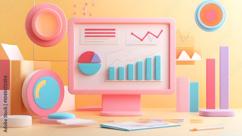 Poster colorful 3d charts and graphs on computer monitor with pastel background
