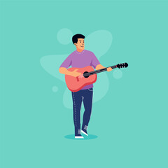 flat illustration of a person playing guitar happily