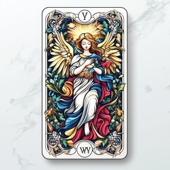 Stained glass angel with vibrant colors.