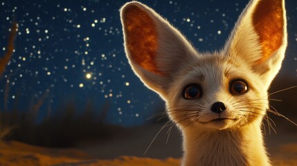 Obraz premium A close-up of a Fennec Fox's face, its large ears perked up, eyes wide with curiosity, against a backdrop of a star-filled desert night. 