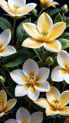 Obraz premium Close-up view of vibrant yellow and white flowers blooming with lush green leaves in a garden during springtime