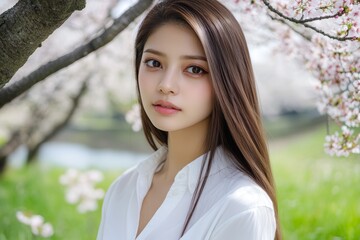 Fototapeta premium 桜の下で微笑む女性、春の光に包まれた美しい瞬間