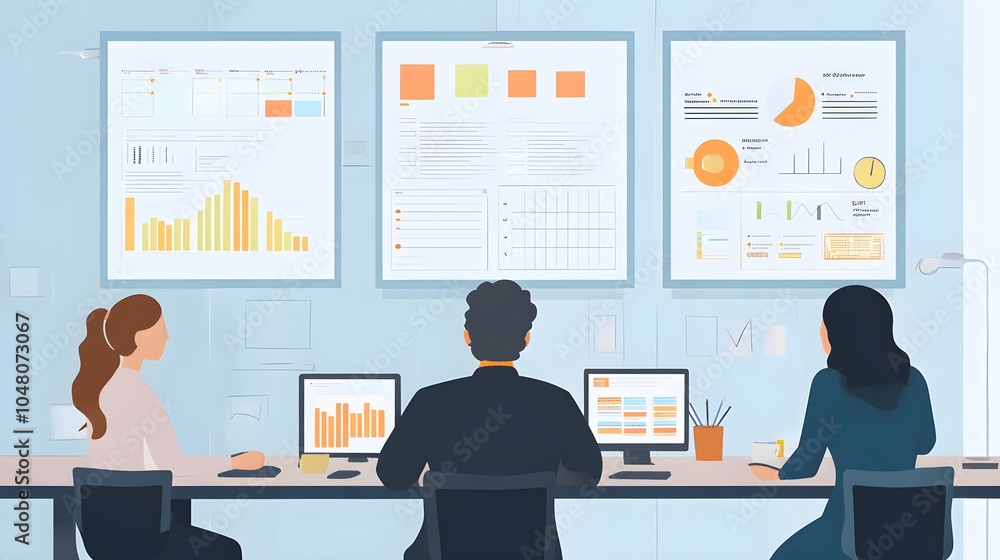Poster business team analyzing data on charts and graphs in office