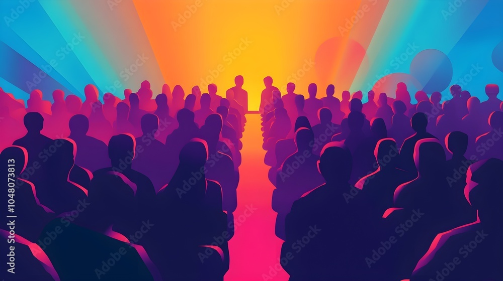 Poster silhouettes of a large audience in a colorful abstract background