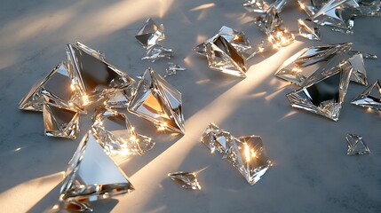 Diamond shards scattered across a glass surface with light reflecting off each piece