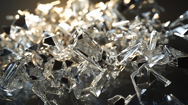Diamond shards scattered across a glass surface with light reflecting off each piece