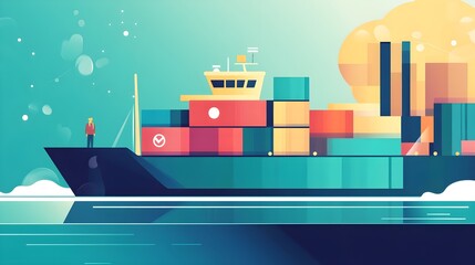 Cargo Ship at Sea with Man on Deck