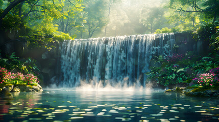 Fototapeta premium Majestic waterfall flowing down in lush green jungle paradise, serene nature landscape