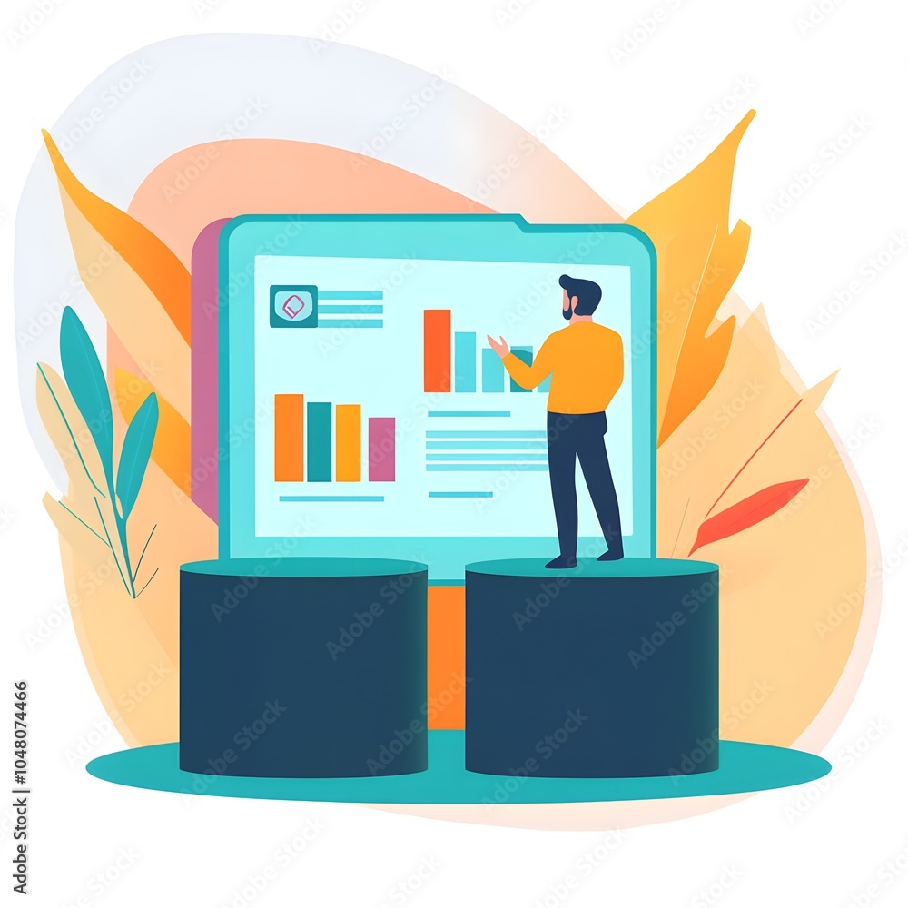 Poster businessman presenting data on large screen with bar charts and graphs