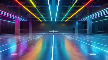 Indoor Tennis Court Illuminated by Vibrant Neon Lights