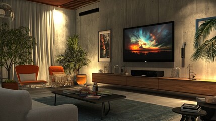 Stylish home entertainment area with a wall-mounted TV, art pieces, and chic furniture, creating a tech-savvy yet welcoming atmosphere.