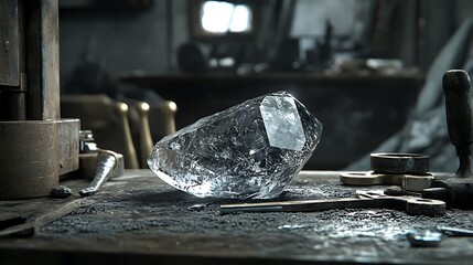 A raw uncut diamond in a jewelerâ€™s workshop, surrounded by tools