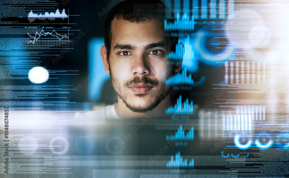 Aufkleber Man, programmer and hologram in night for coding, ui or big data analysis with graphs, stats and info. Person, reading and computer for digital transformation, future or user experience with software