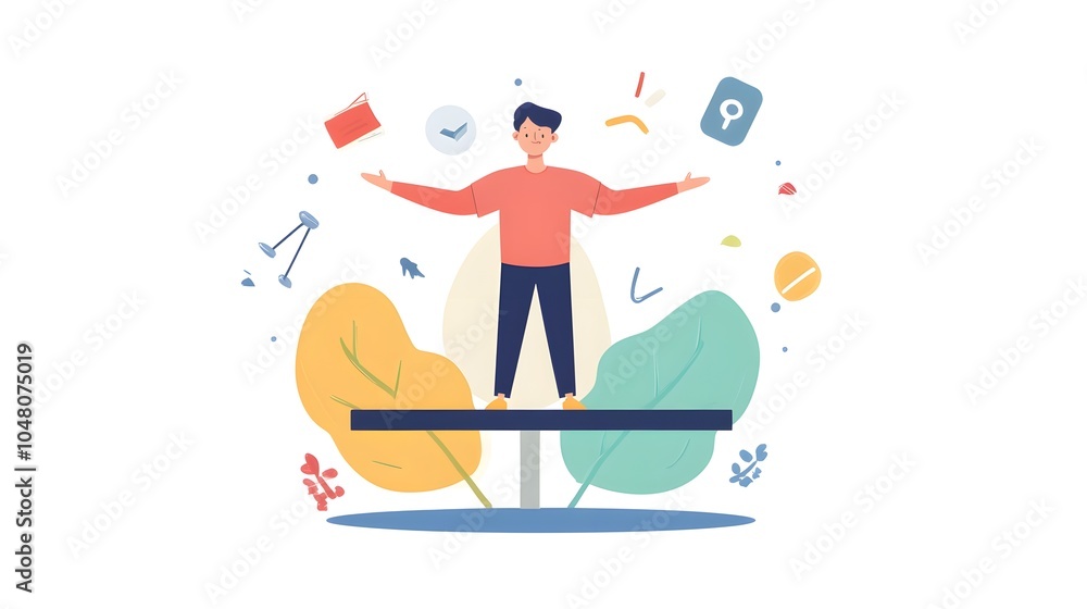 Poster man balancing on a platform with abstract elements surrounding him