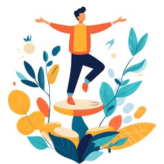 Happy Man Standing on a Mushroom in a Forest