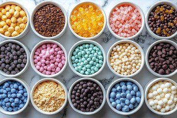 Fototapeta premium Assortment of Colorful and Textured Confectionery in White Bowls