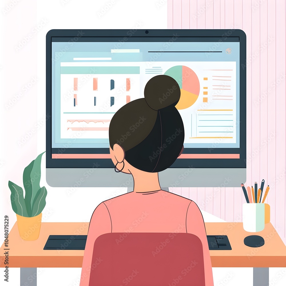 Poster woman working on computer with data analysis charts