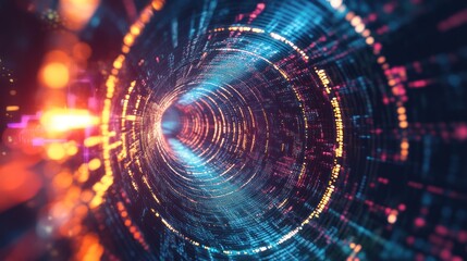 Obraz premium High-tech digital tunnel with neon light patterns and glowing data streams. Futuristic concept.