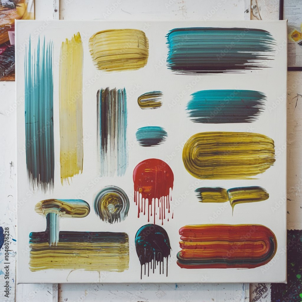 Poster a canvas displaying various brushstrokes of different colors and shapes in an artistic arrangement