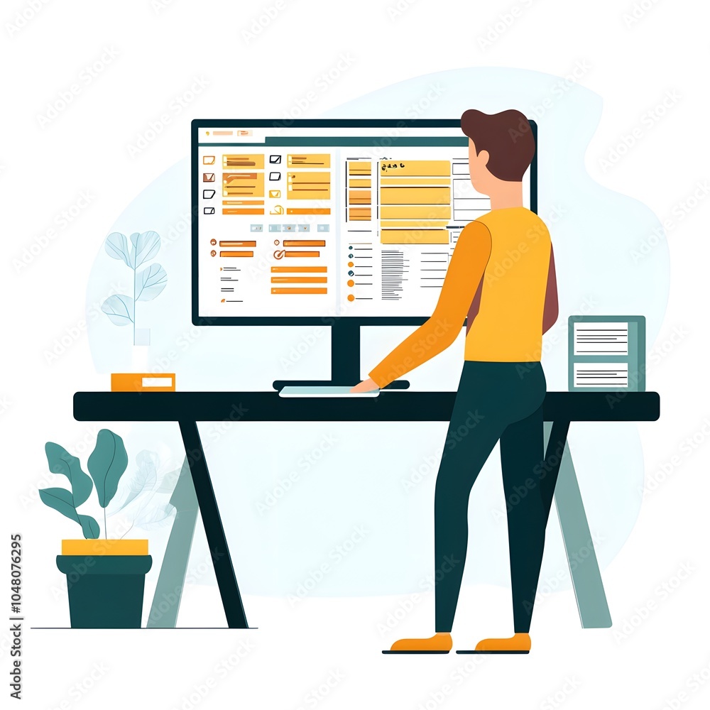 Poster man working on computer with project management software