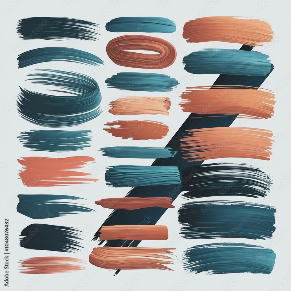 Poster assorted brushstrokes of teal and peach paint arranged on a white background in a square format
